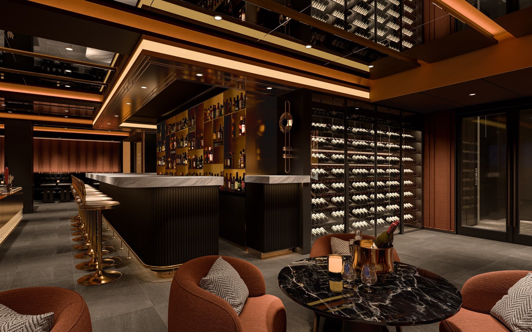 Marble bar with backlit wine wall