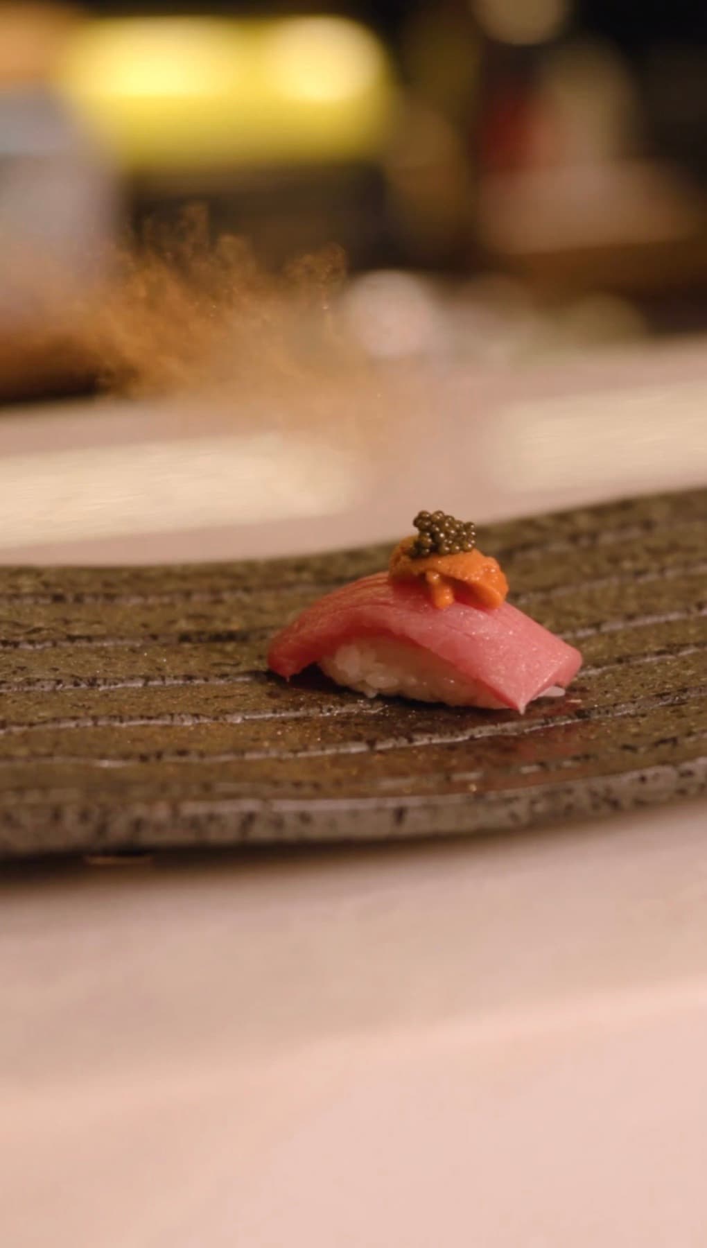 Otoro nigiri crowned with uni and caviar
