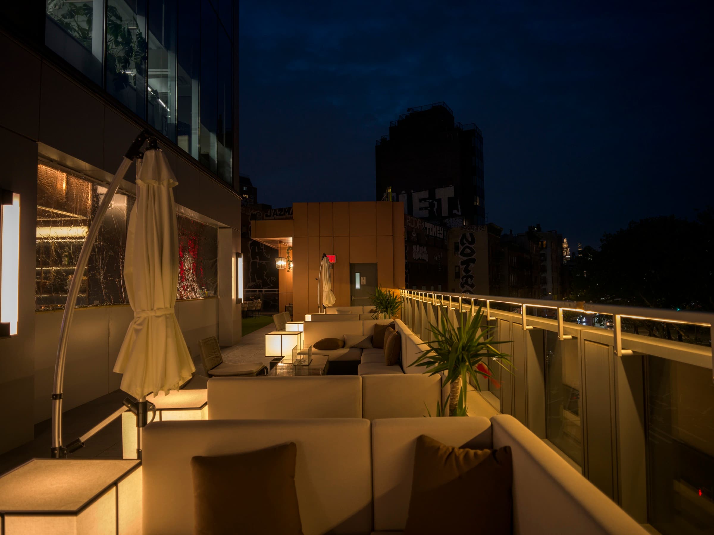 Outdoor terrace at dusk