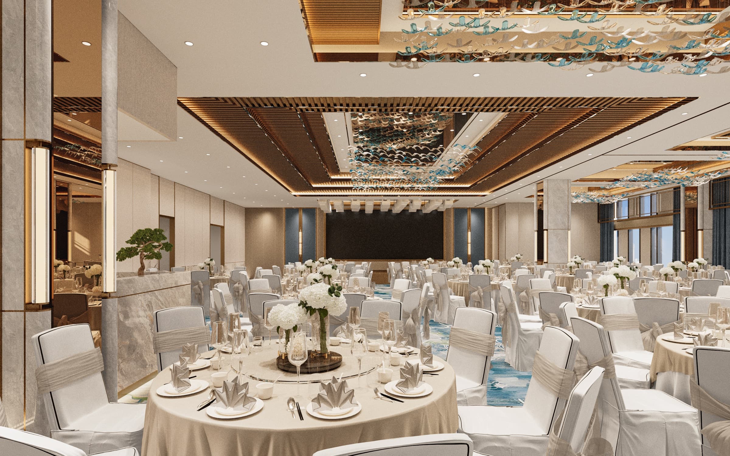 Grand banquet hall with stage and crystal chandelier