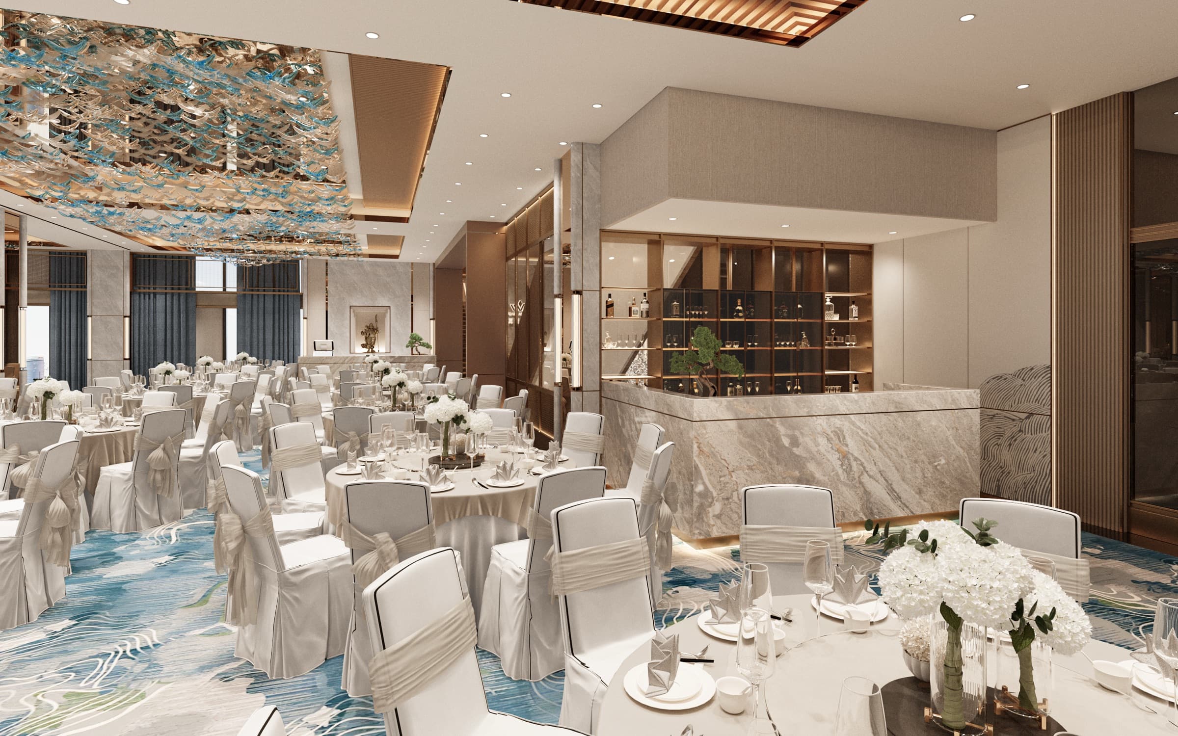 Banquet hall set with round tables
