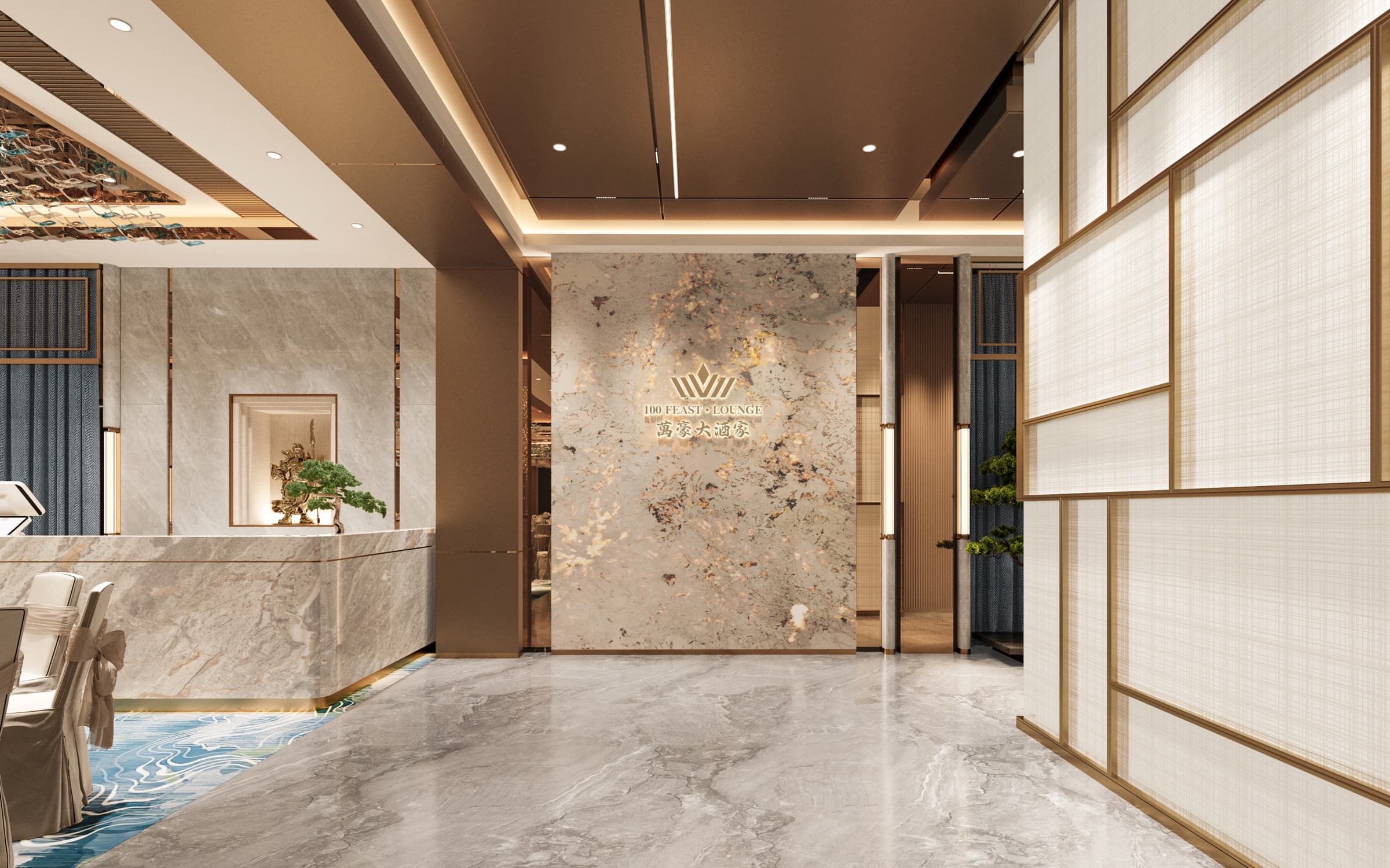 Marble reception desk with backlit brand wall