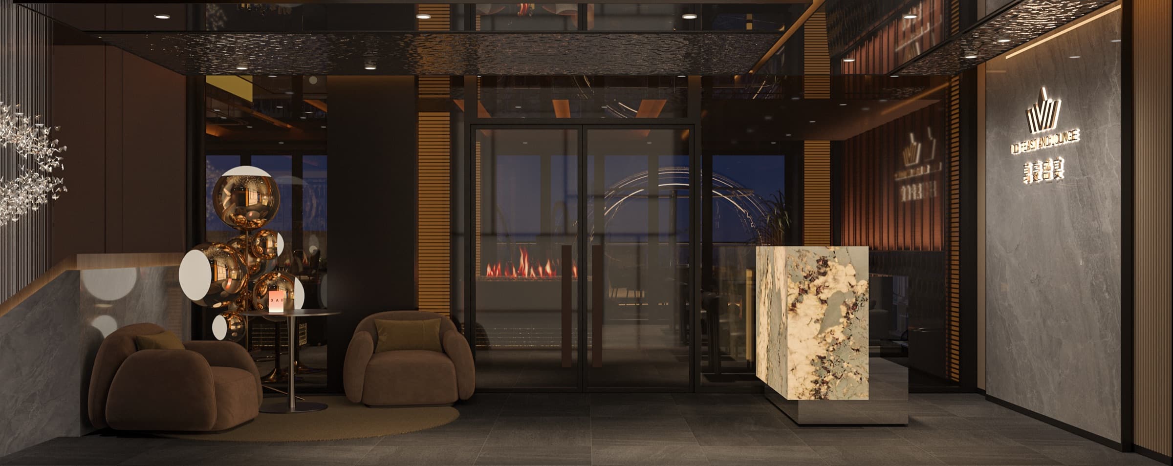 Third-floor reception and lounge panorama