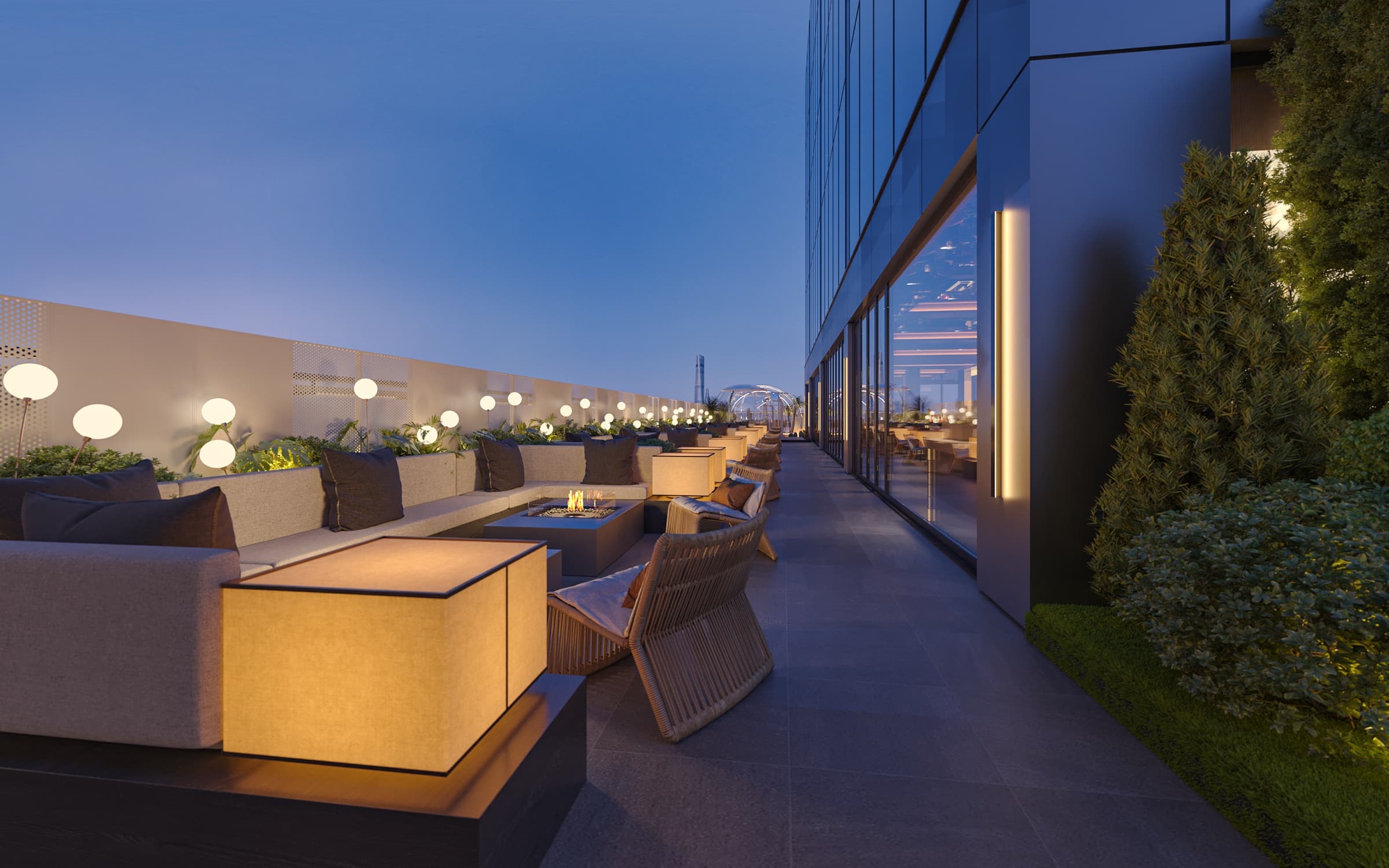 Terrace walkway with fire pit and city views