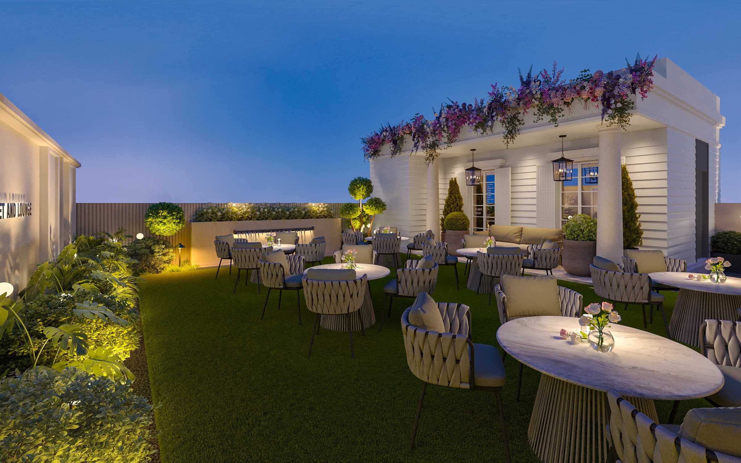 Garden terrace dining under the evening sky
