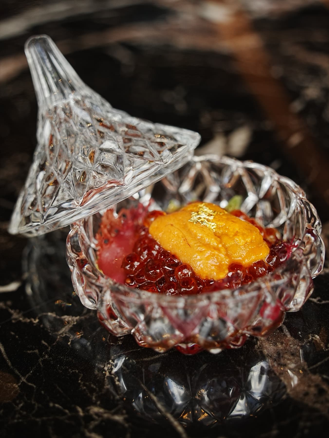 Uni and caviar in a crystal bowl